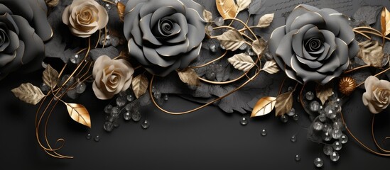 A vibrant bunch of black and golden roses is mounted on a grey and gold background. The flowers are complemented by jewelry papers, creating a unique and eye-catching display.
