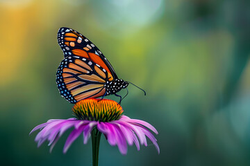 Fototapeta premium photorealistic monarch butterfly on a purple coneflower f/5.6 sunny day blurred green background