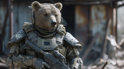 A conceptual portrayal of a bear equipped with a modern camouflage tactical vest, merging wildlife with military imagery.