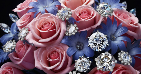 A bouquet of flowers adorned with diamonds and other precious gems. The color palette includes shades of blue, orange, and pink.