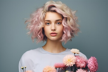 Fototapeta premium portrait of beautiful caucasian woman with hair made of wild flowers, artistic composition, brown hair