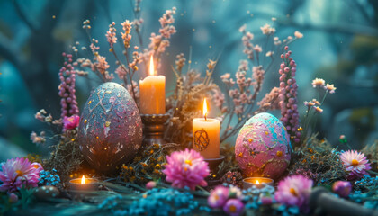 Decorated Pagan Altar with Painted Eggs and Lit Candles for Spring Equinox - obrazy, fototapety, plakaty