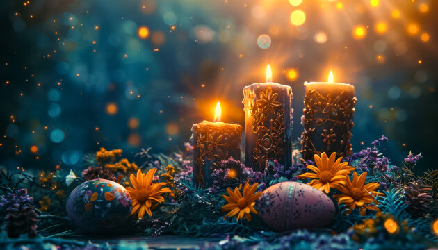 Decorated Pagan Altar with Painted Eggs and Lit Candles for Spring Equinox