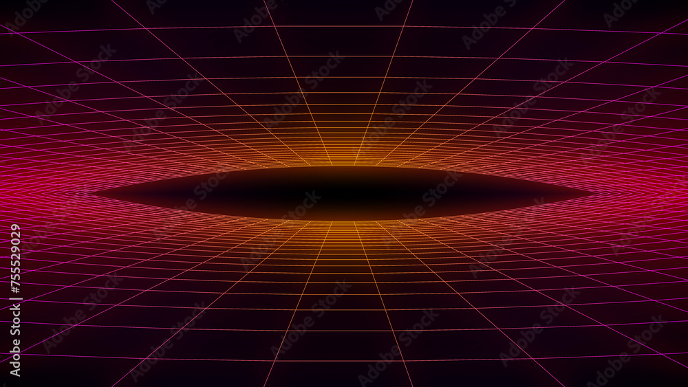 Poster abstract red and yellow glowing retro sci-fi curved 3d quad grid wireframe forming a tunnel backgrou