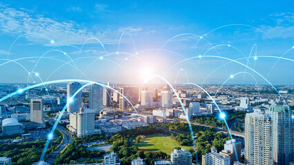 Modern city aerial view and communication network concept. Smart city. Wireless telecommunication.