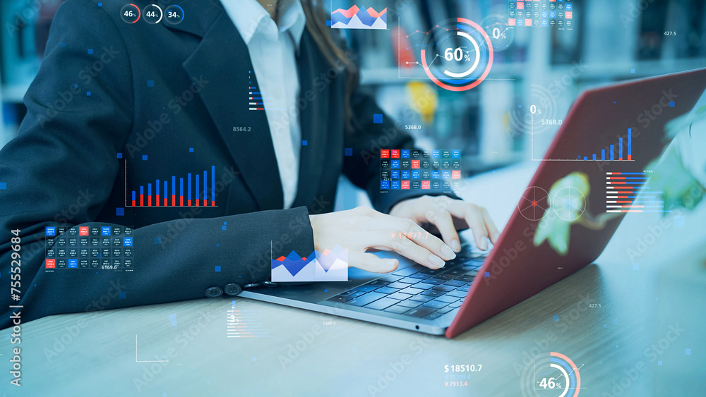 Poster businesswoman using a laptop pc in the office and statistics data concept. management strategy. digi