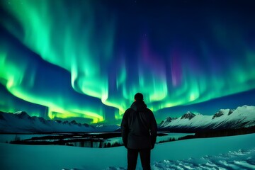 Aurora borealis above the snow covered mountain range in europe. Northern lights in winter. Night landscape with green polar lights and snowy mountains and a man is enjoying that