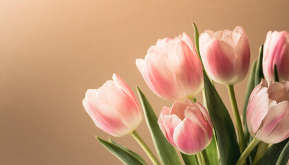 Fototapeta premium Pink tulip flowers on pastel peach background. Image for a wedding, women's day or mother's day themed greeting card or invitation