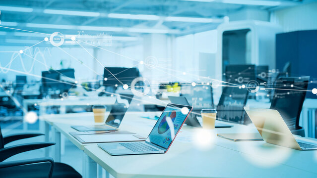 Modern office and communication network concept. Statistics of business. Management strategy.