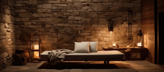 A bed is positioned against a stone wall in a bedroom, creating a rustic and cozy ambiance. The room is lit by candlelight and a tall standing lamp, adding warmth to the space.