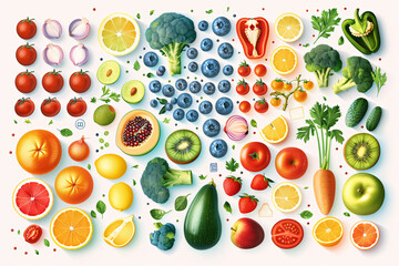 Assorted fresh fruits and vegetables on a white background
