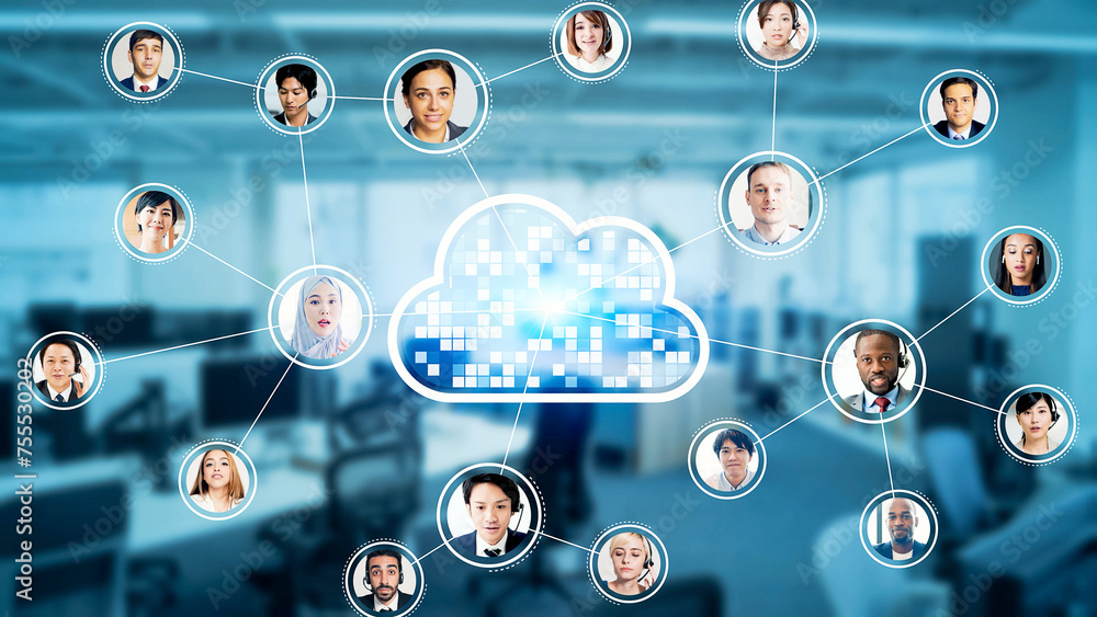 Poster Group of multinational people connecting via cloud computing. Software as a Service. ERP. Enterprise Resources Planning.