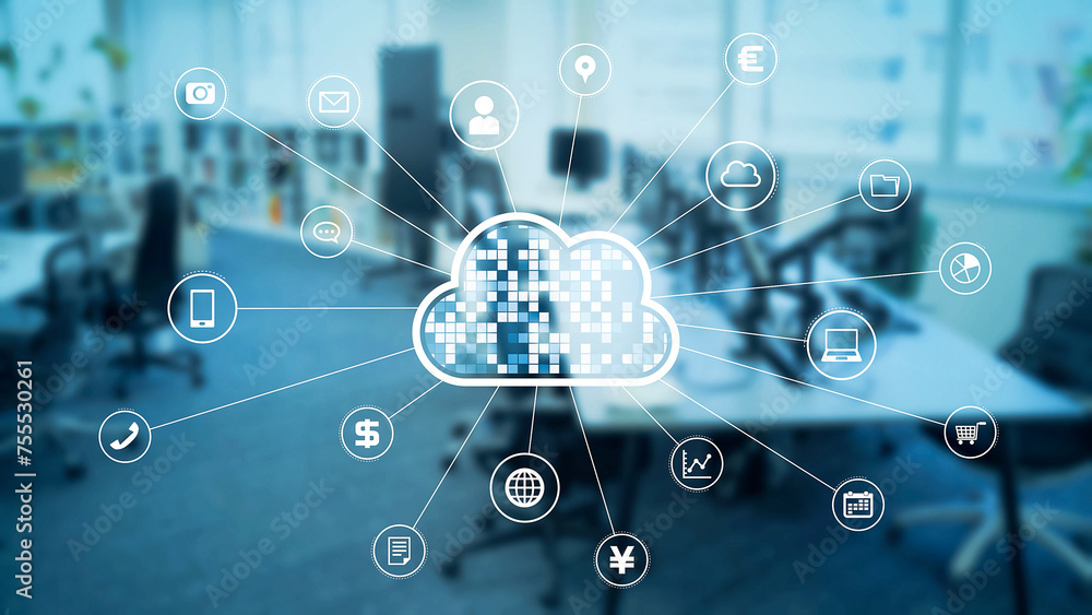 Poster Modern office and cloud computing concept. Software as a Service. ERP. Enterprise Resources Planning.