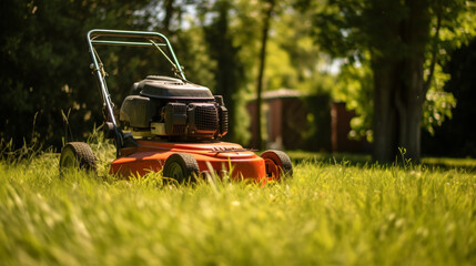 A lawn mower is being used to mow the grass.  interior - obrazy, fototapety, plakaty