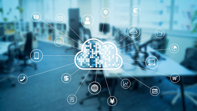 Modern office and cloud computing concept. Software as a Service. ERP. Enterprise Resources Planning.