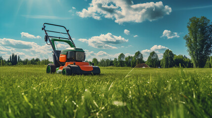 A lawn mower is being used to mow the grass panorama  interior - obrazy, fototapety, plakaty