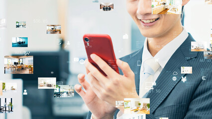 A man using a smartphone and photos of rooms. Real estate property search.