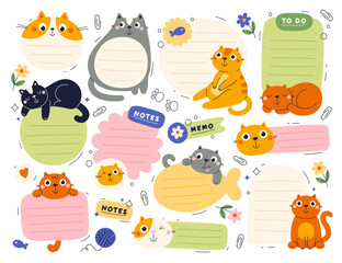 Cute cat domestic pet animal and dairy, notes, memo, planner stickers template isolated set