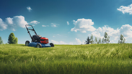 A lawn mower is being used to mow the grass panorama  interior - obrazy, fototapety, plakaty