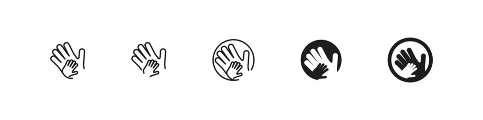 Hand in hand parenting concept icon. Father or mother holding little baby hand icons.