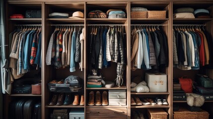 Organized closet with clothes and shoes