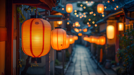street lined with illuminated traditional lanterns background