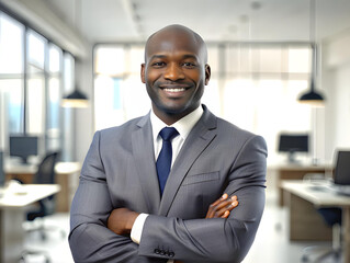 Fototapeta premium Portrait of a smiling African American businessman standing in the office with crossed hands