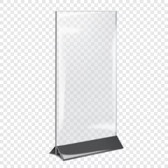 Fotobehang Table tent. Clear countertop pop banner stand. Realistic mockup. Desktop promo graphic holder vector mock-up. Blank transparent counter display template © JAYANNPO