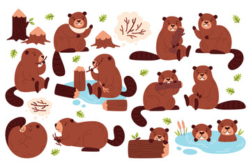 Cute happy brown beaver wild animals cartoon characters different leisure activities isolated set © Mykola Syvak