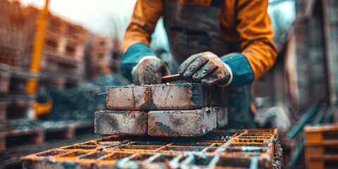 Closeup Hands Adjusting Bricks in Wall. Worker's hand placing a brick on a crumbling wall. - obrazy, fototapety, plakaty