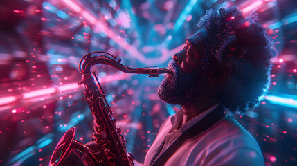 Jazz Saxophonist Engulfed in Neon Lights Performance - obrazy, fototapety, plakaty