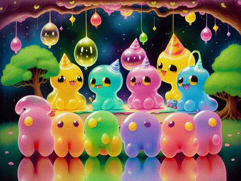 Cute Slime Creatures Celebrating, Oil Painting