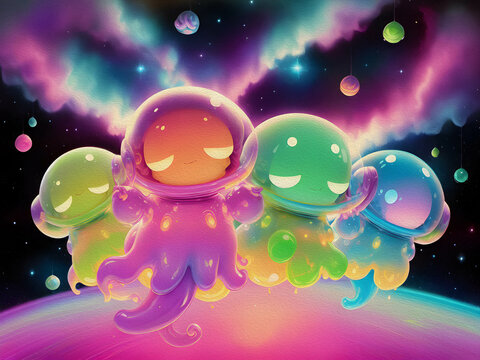 Cute Slime Creatures in Outerspace, Oil Painting