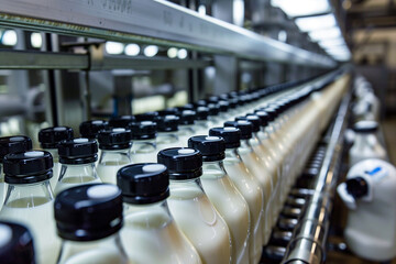 Obraz premium There are many bottles filled with milk in the dairy industry.