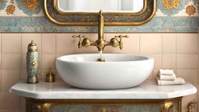Timeless Elegance: Vintage-Inspired Pedestal Sink with Ornate Filigree Details and Floral Pattern Mirror