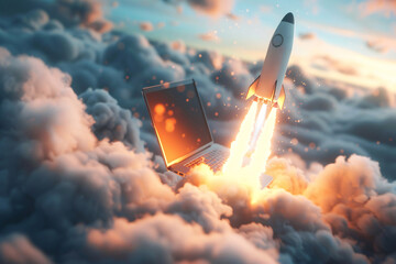 a rocket taking off from a laptop - obrazy, fototapety, plakaty