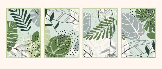 Set of abstract wall art vector. Leaves, organic shapes, tropical leaf in hand drawn style. Wall decoration collection design for interior, poster, cover, banner.