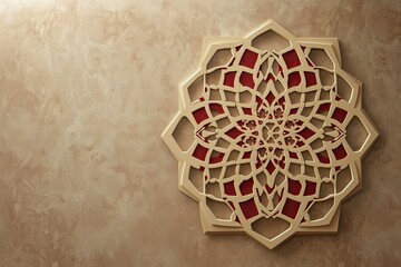 burgundy and beige islamic octagonal ornament with curved pattern on brown background  - obrazy, fototapety, plakaty