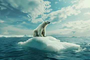 Poster polar bear sitting on small ice floe in the Arctic Ocean, blue sky and white clouds overhead, climate change © zgurski1980