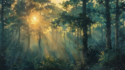 Fotobehang The sun peeking through a dense forest canopy © Ateeq