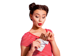 Close-up portrait of her she nice cute charming attractive lovely cheerful funny girl in striped t-shirt holding in hands snapping dessert air blow kiss isolated over pink pastel background