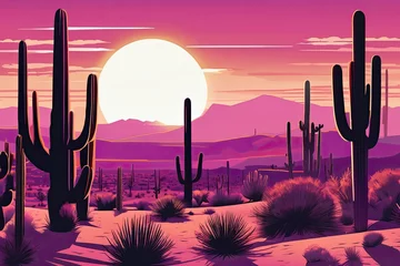 Foto op Plexiglas  Vibrant Cartoon Desert Sunset with Cacti and Hills © Katyam1983