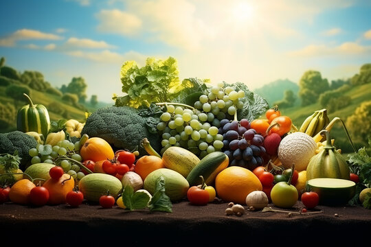 photorealistic still life of various fruits and vegetables arranged in the shape of landscape, fields, trees, hills