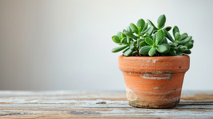 A jade plant in a terracotta pot on a wooden table. 