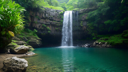 secluded waterfall surrounded by lush vegetation background
