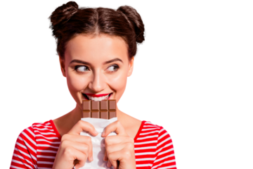 Close-up portrait of her she nice cute charming attractive glamorous cheerful sly cunning hungry girl in striped t-shirt biting tasting eating desirable favorite dessert isolated on pink background
