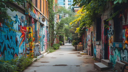quiet alleyway with unique street art background
