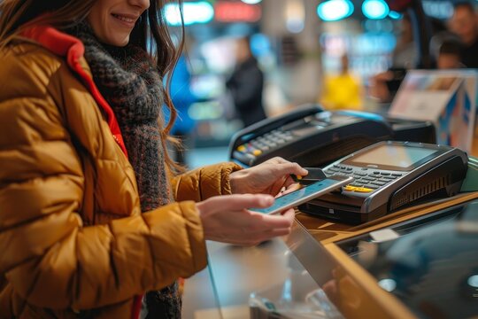 A vibrant image depicting a woman's hand holding a smartphone against a payment terminal, illustrating the act of mobile payment in a shopping environment - Powered by Adobe