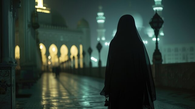 A Muslim Woman In A Niqab Walking Towards A Big Mosque, Her Figure Silhouetted Against The Evening Lights, Back View