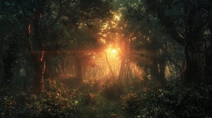 The sun peeking through a dense forest canopy
